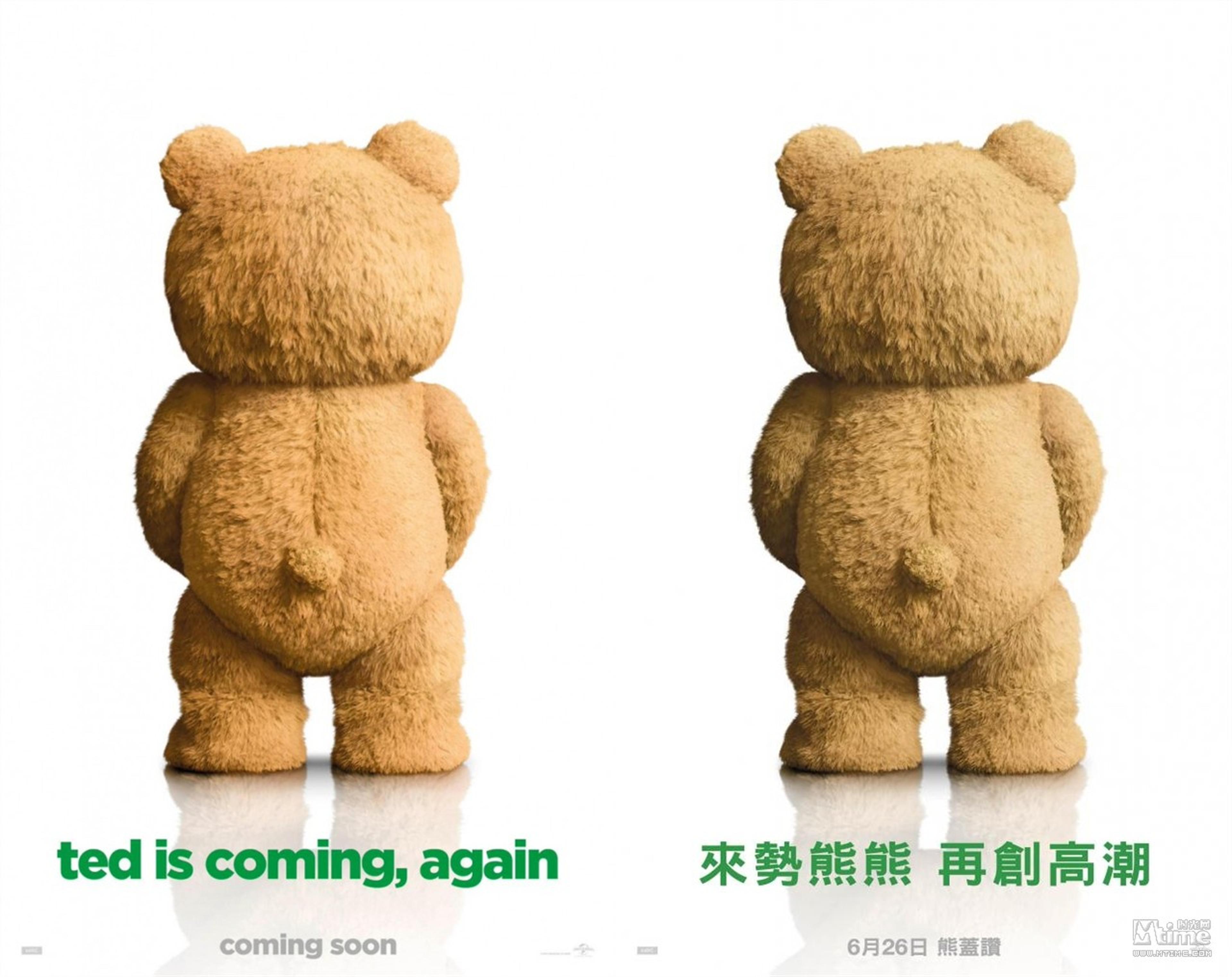 《泰迪熊2》（2015）正如2012年的第一部那样，影片充斥着各种黄、暴，从宣传就开始以性暗示作为最大卖点。在这张海报中，泰迪熊背对观众，双手向前似乎握住了什么东西，下面一行字“泰迪熊又来（高潮）了”，在英语中有明显的双关意味。而右边的台湾版海报，也借此用了“高潮”一词，一指观影高潮，另一个指代性暗示。