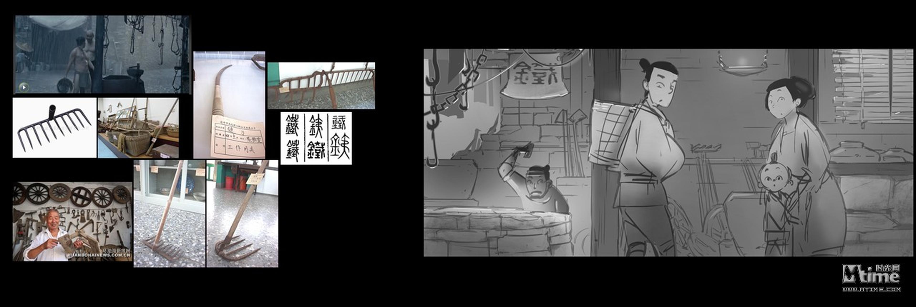 左侧实物图是我们从网上搜集的图片，帮助丰富场景细节，让场景更加生活化、真实化，如果只有主体角色，而没有这些细节的话，观众还是会觉得不够真实。背景中的道具会影响观众的潜意识，尽管他们可能没有注意到这些细节。