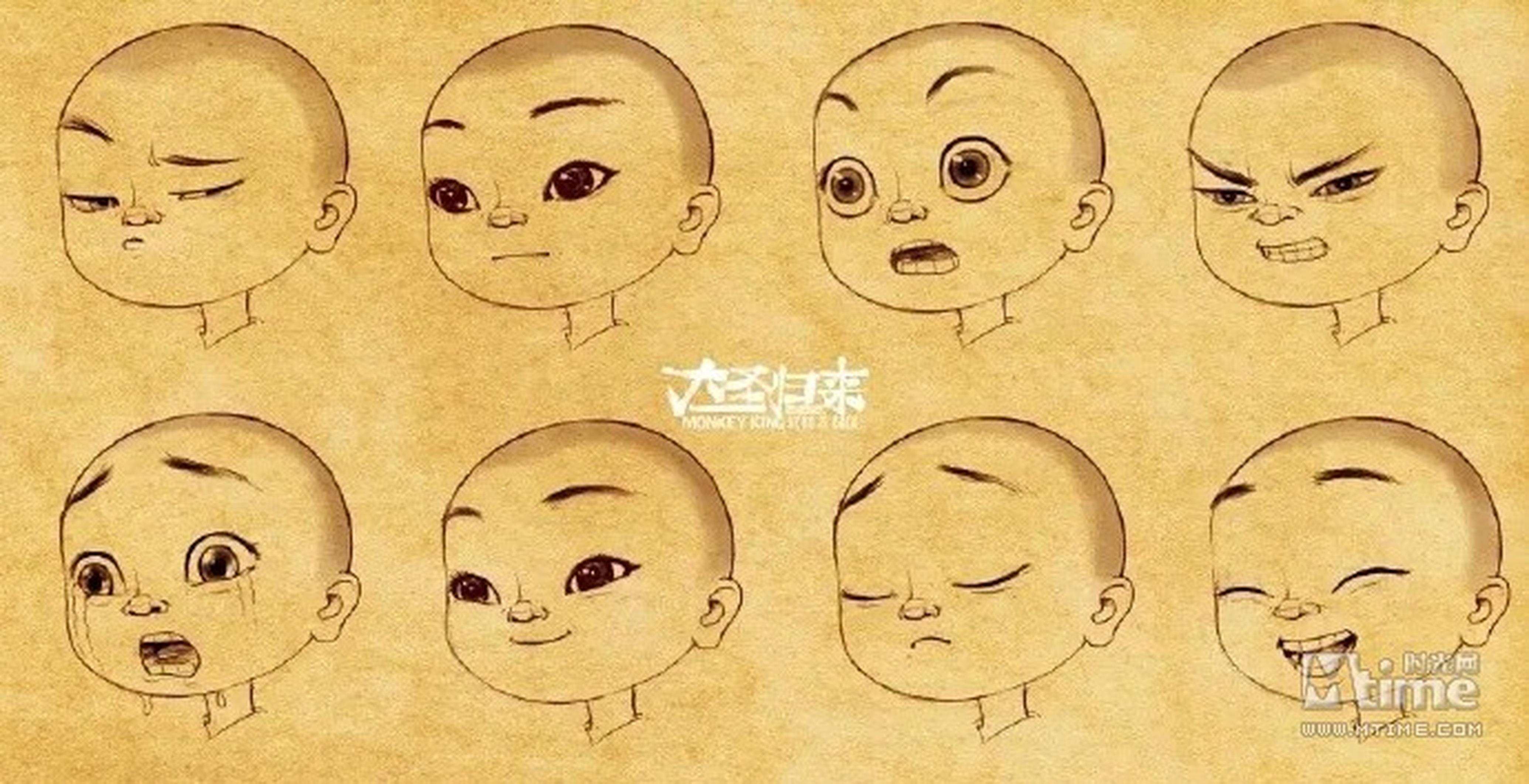 图中只表现了小和尚江流儿常规的喜怒哀乐，在概念阶段不能画特别多的表情。更多的表情和表演是在动画阶段摸索出来的。我们希望江流儿是一个很纯真干净的孩子，不想要某些作品中那种小大人、五道杠式的孩子。我们参考了很多孩子的照片来设计。