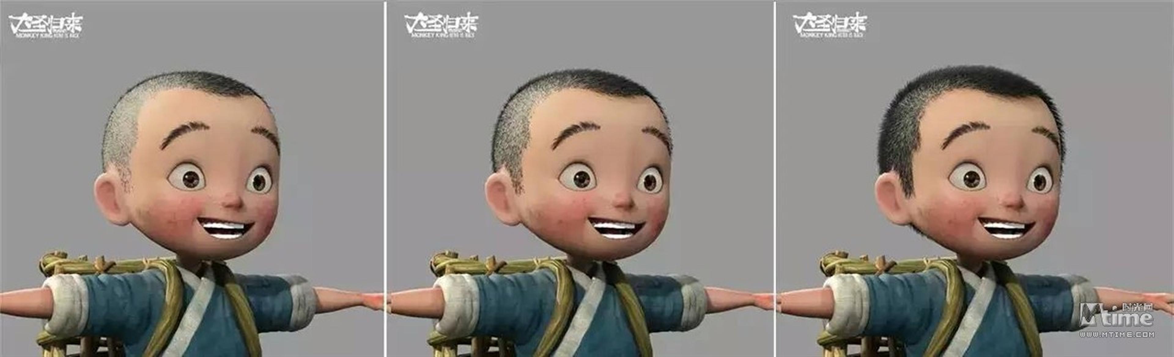 江流儿的头发会随着时间推移变长。这是个特别好玩的细节。在长安城和他师傅法明在一起时，他刚剃过头，影片后半段就有些头发了。孩子的头发长得很快。人不同位置的头发生长速度不同，图中可看出他前面刘海处的头发长得稍微快些。