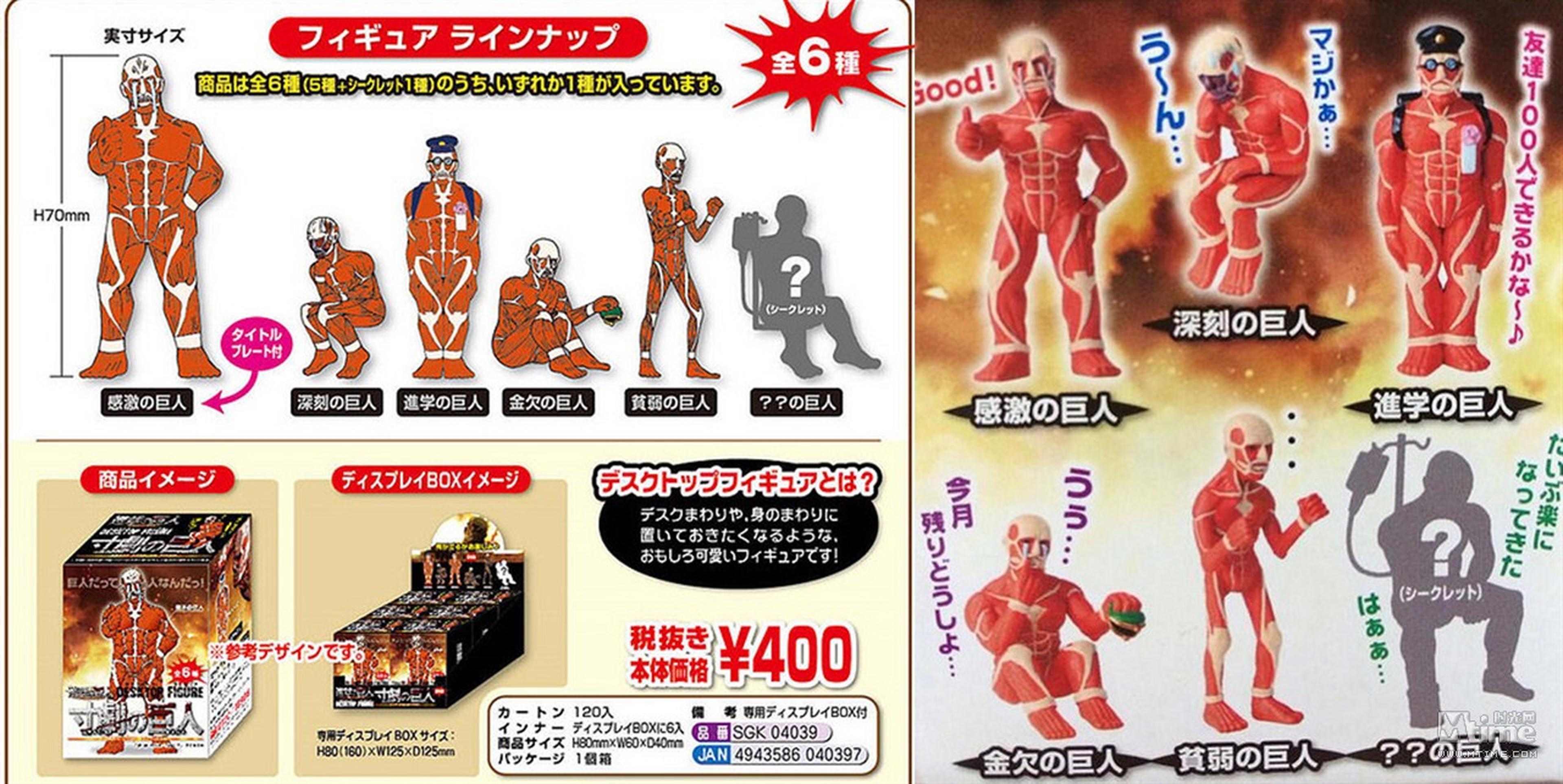 日本还曾推出过巨人盒玩产品,充分展现霓虹的逗比气质。盒玩以超大型巨人为主題,塑造了感激的巨人、深刻的巨人、上学的巨人、欠钱的巨人、贫困的巨人和隐藏版(貧血的巨人)等6 款,搞笑哭泣的巨人不复片中的霸气形象