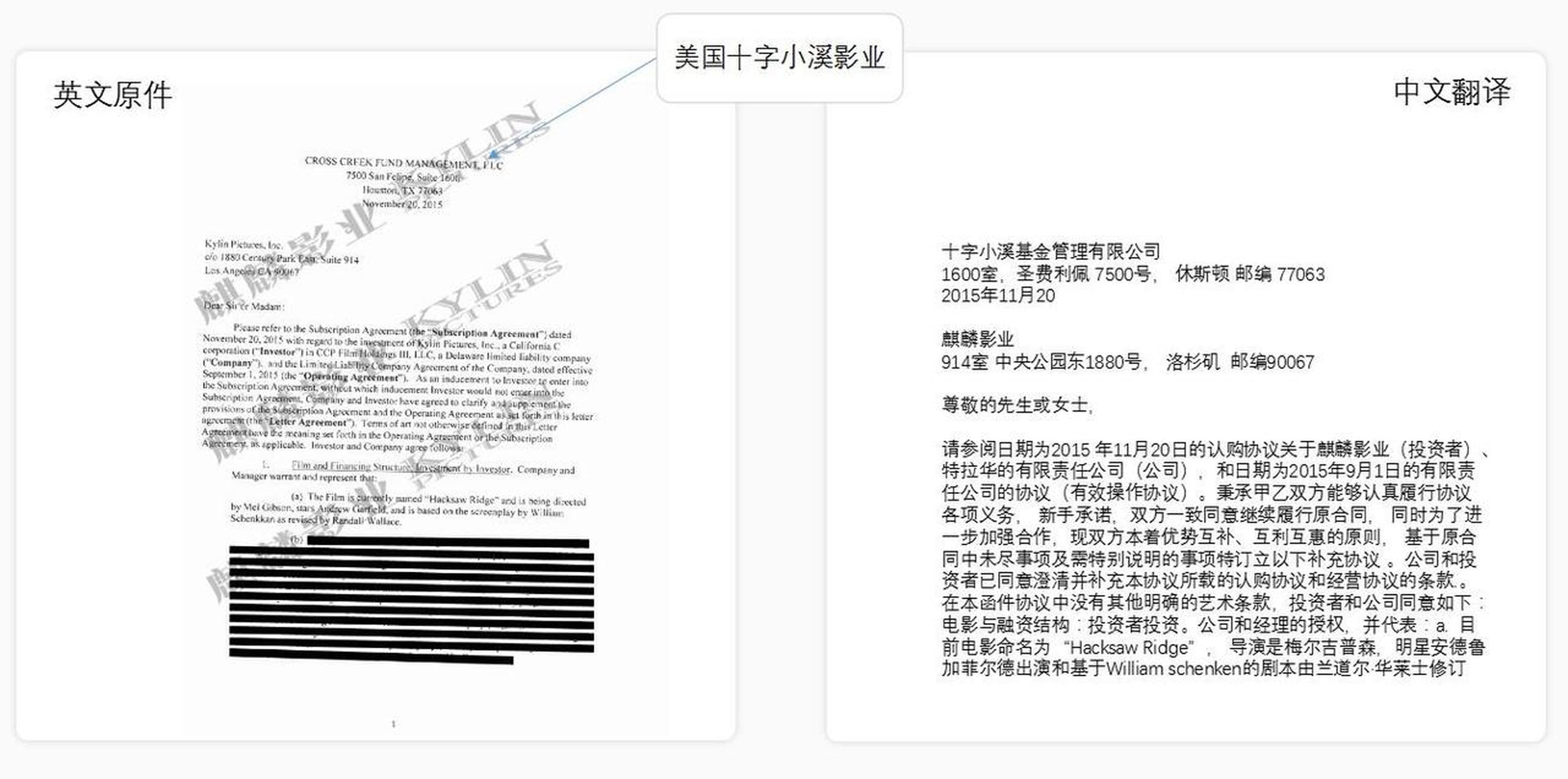 麒麟影业曝光其与《血战钢锯岭》制片方、出品方美国十字小溪公司(Cross Creek Pictures)签署的投资合同的英文原件