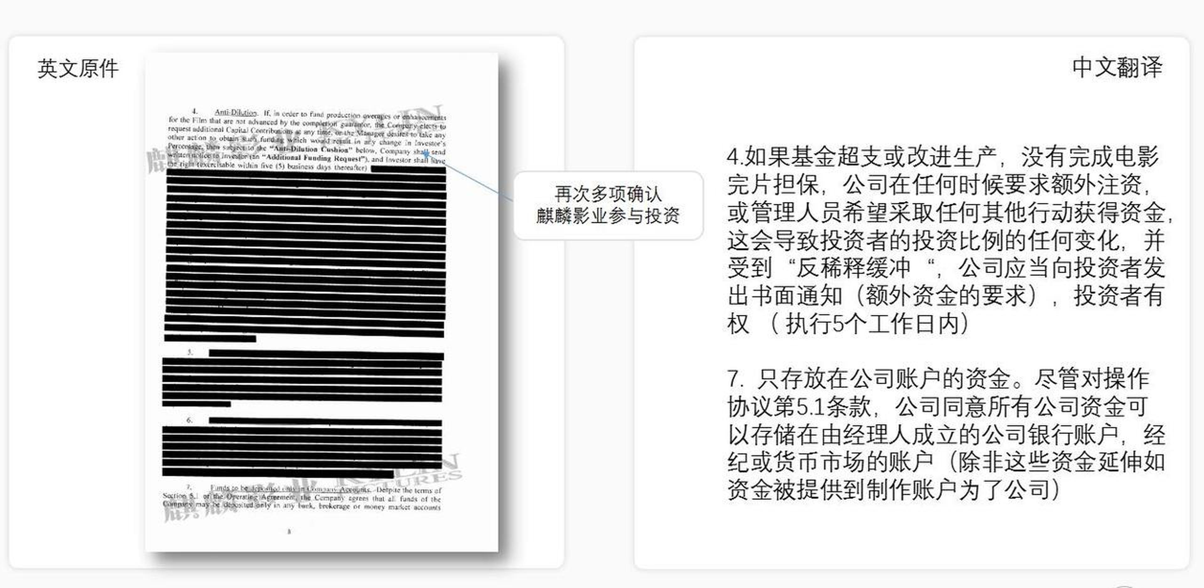 麒麟影业曝光其与《血战钢锯岭》制片方、出品方美国十字小溪公司(Cross Creek Pictures)签署的投资合同的英文原件