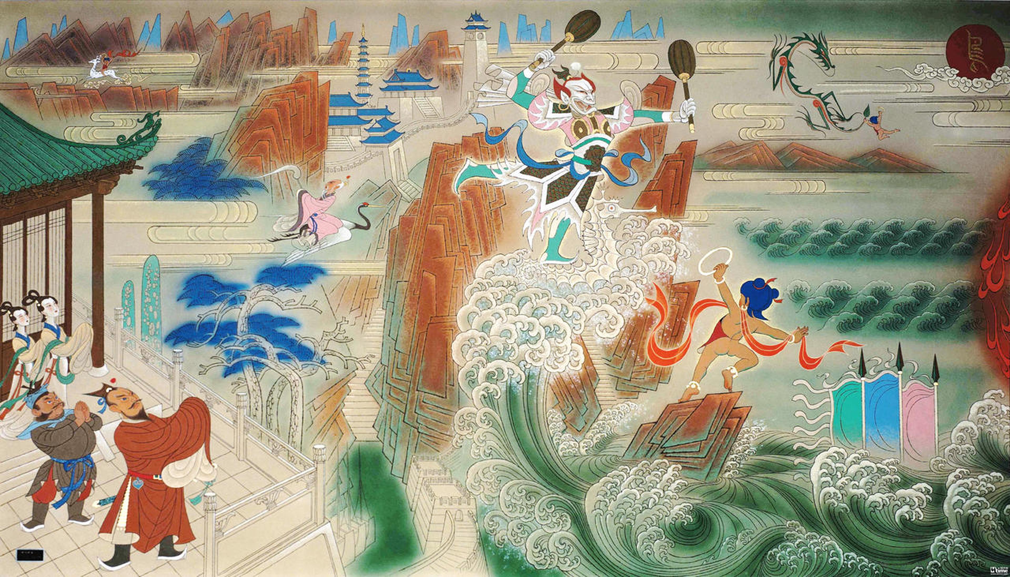 《哪吒闹海》壁画（左）