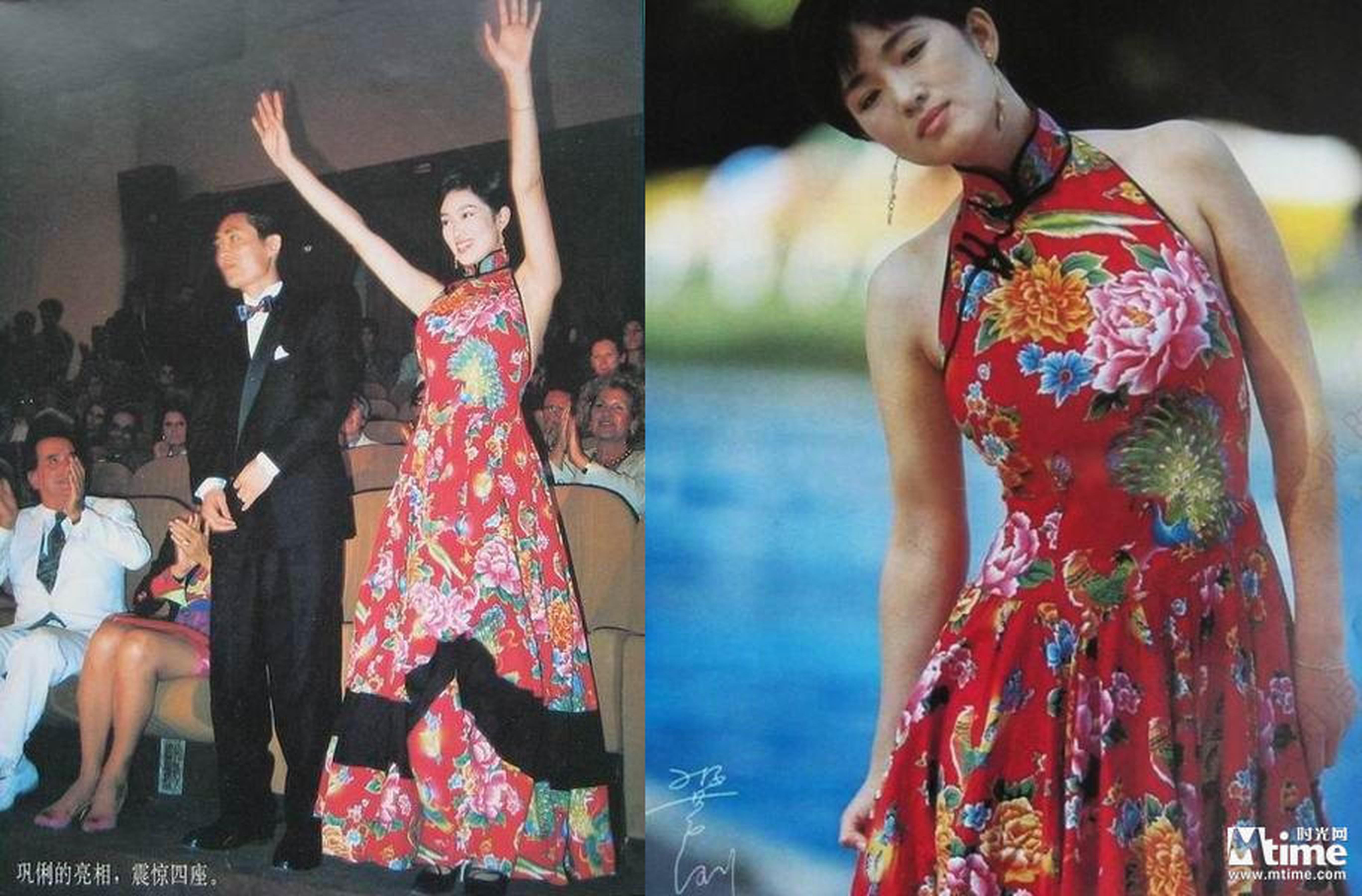 1992年，巩俐身穿“红配绿”旗袍装亮相威尼斯电影节